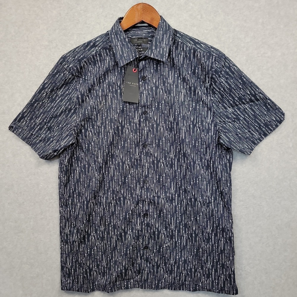 NEW Ted Baker London Pens Print Short Sleeve 100% Cotton Button‎ Up Shirt Sz 3 M